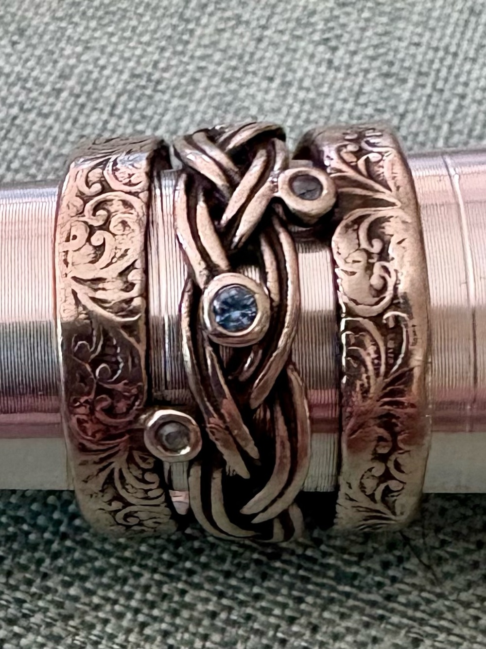 925 Sterling Israel artisan wide band with 3 blue topaz stones size 8